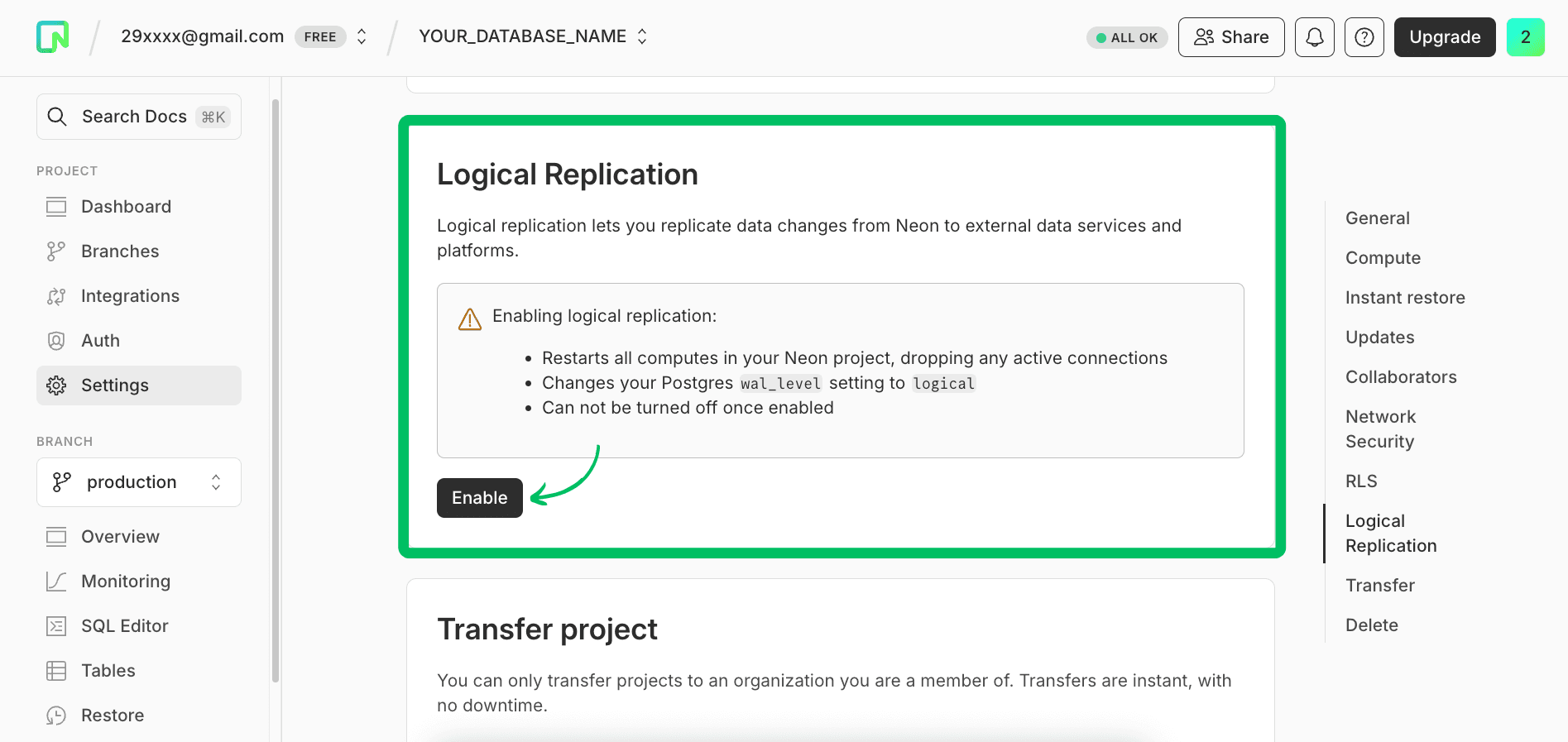 Neon dashboard settings with option to enable logical replication