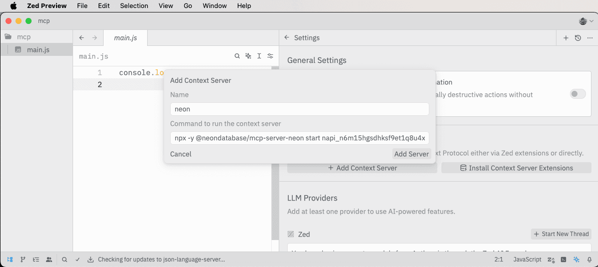 Zed add Neon Local MCP server