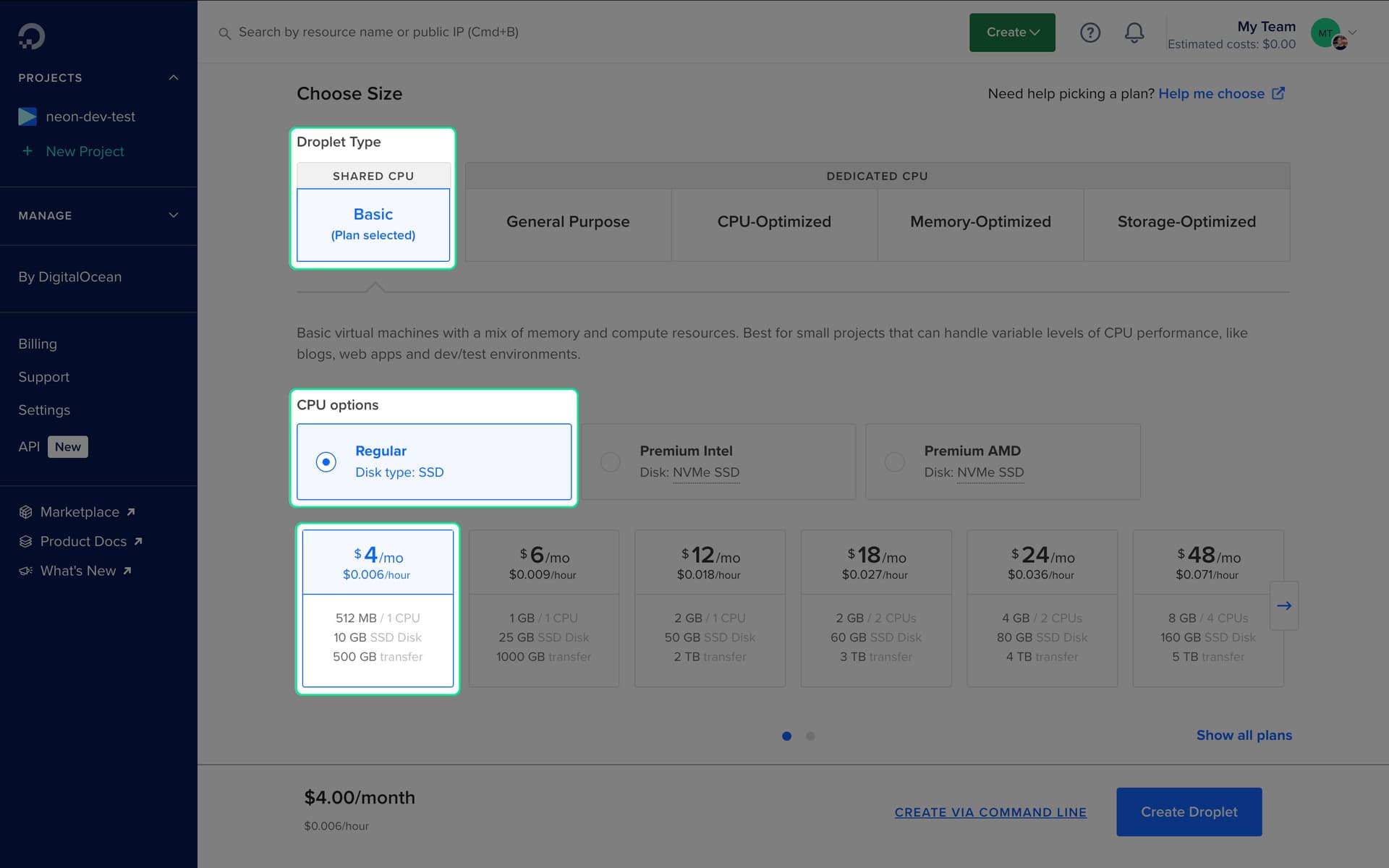 Screenshot of Digital Ocean Droplet Config - CPU Size